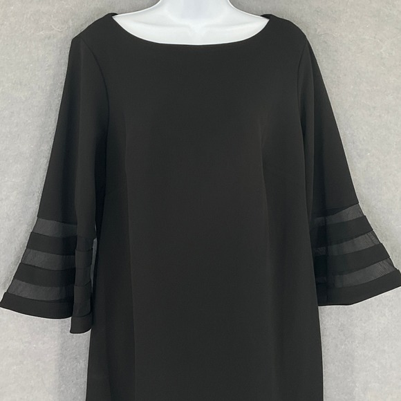 Calvin Klein Sheath Dress Sz 14W Black Mesh Trim Bell Sleeve Cocktail Party - Picture 4 of 15